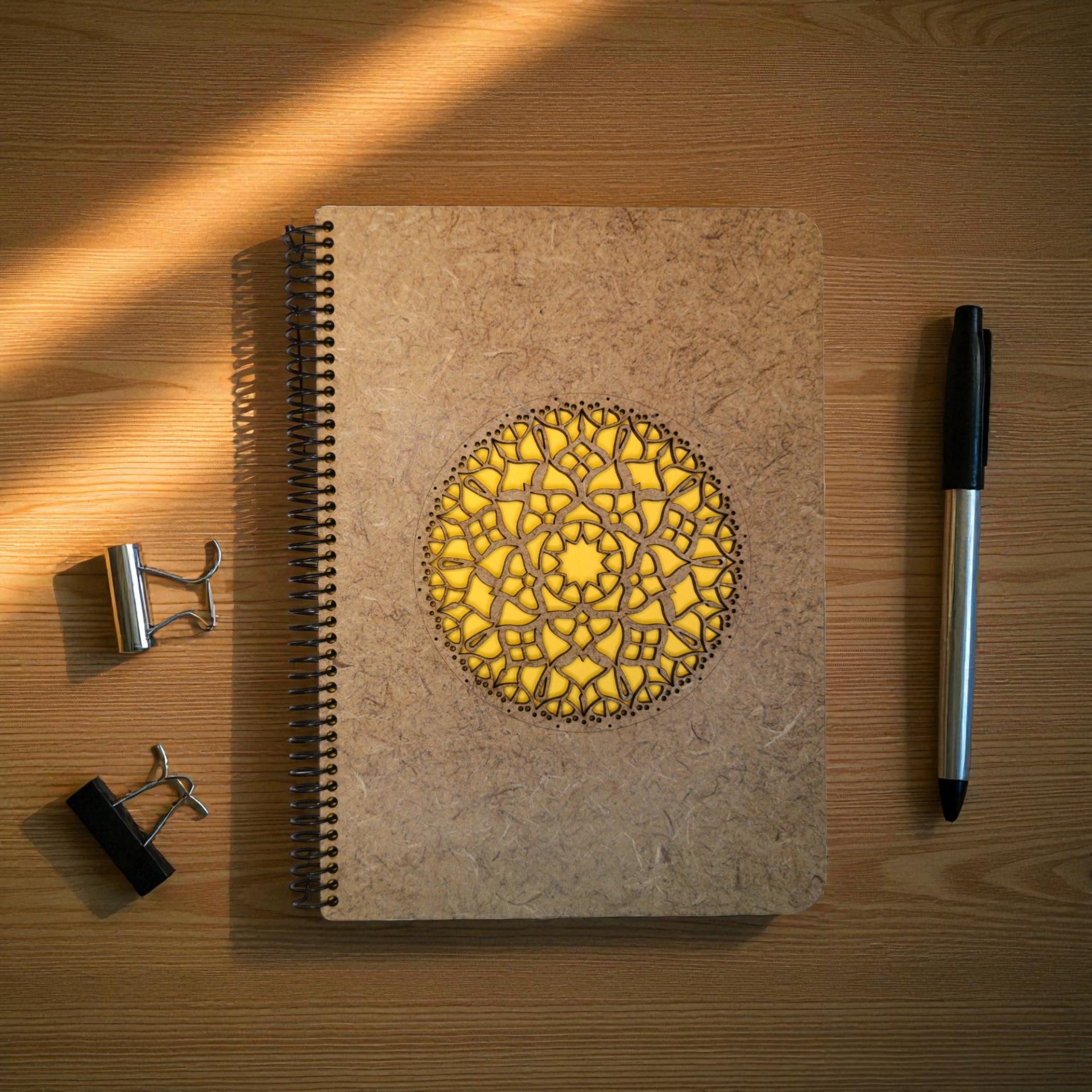 Caderno Mandala Caderno de capa castanha com padrão circular amarelo, clips metálicos e caneta sobre mesa de madeira