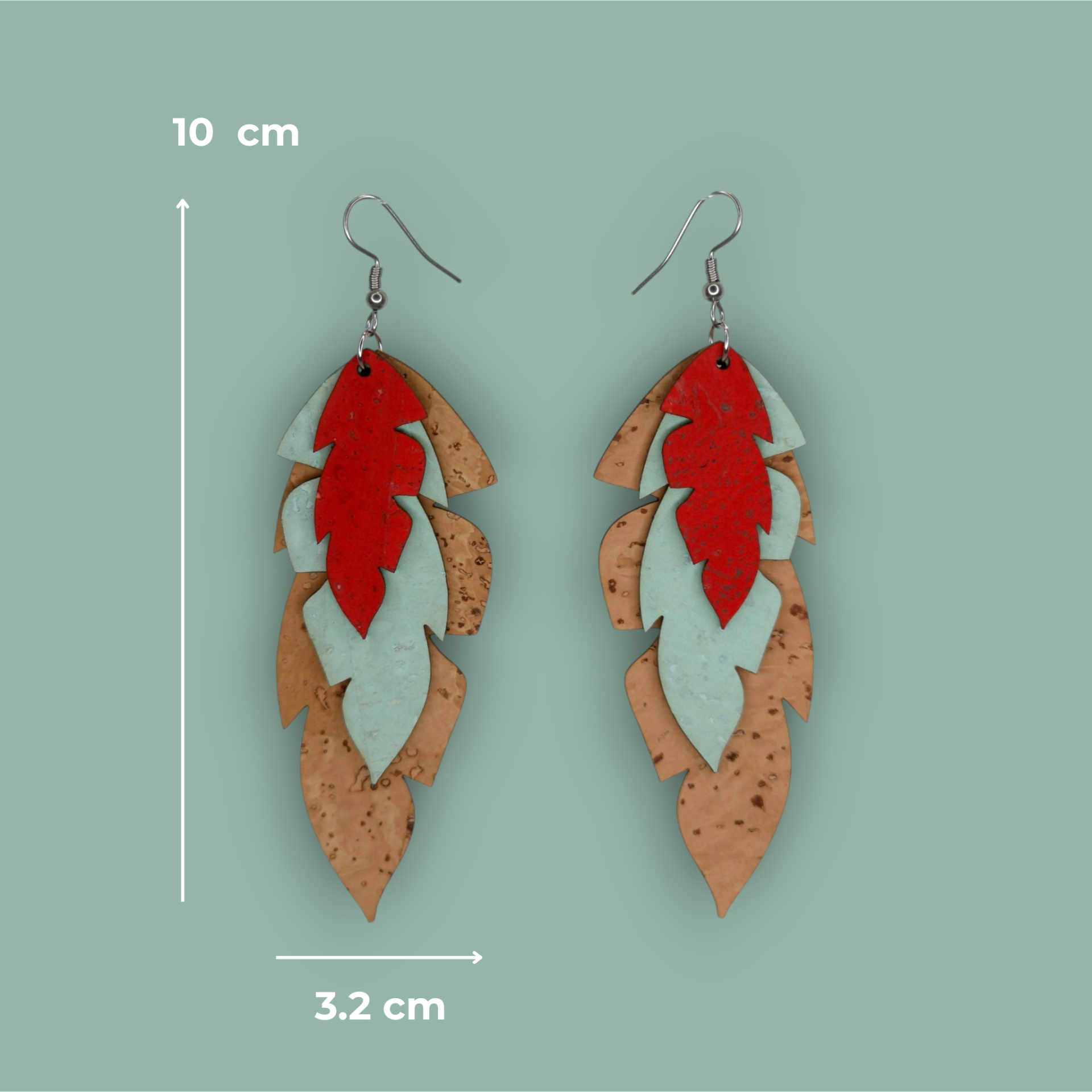 Brincos Tropical Brincos pendentes com folhas em castanho claro, azul claro e vermelho, com gancho metálico prateado