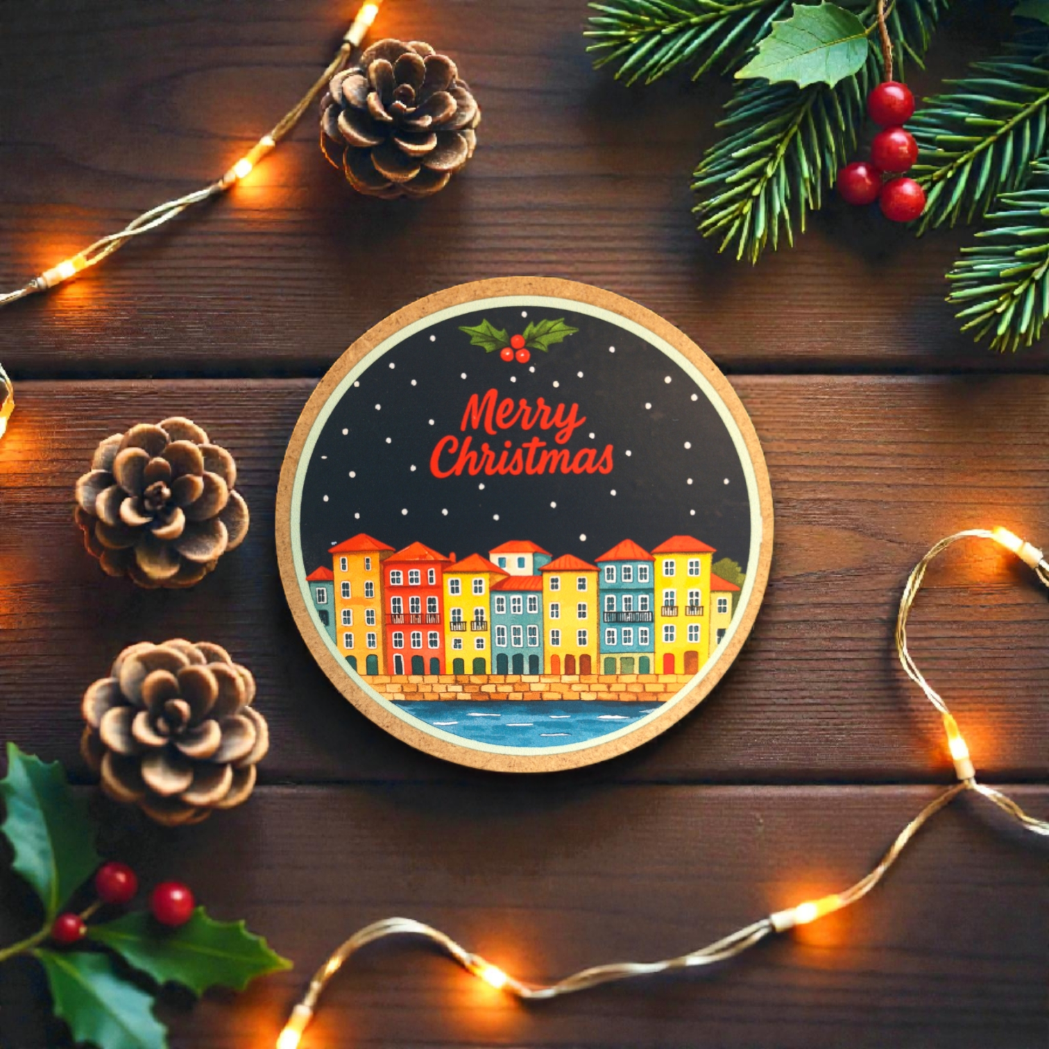 Base de Copos Ribeira "Merry Christmas" Prato de madeira redondo com ilustração e texto Merry Christmas decorado com pinhas, ramos de pinheiro e luzes de Natal