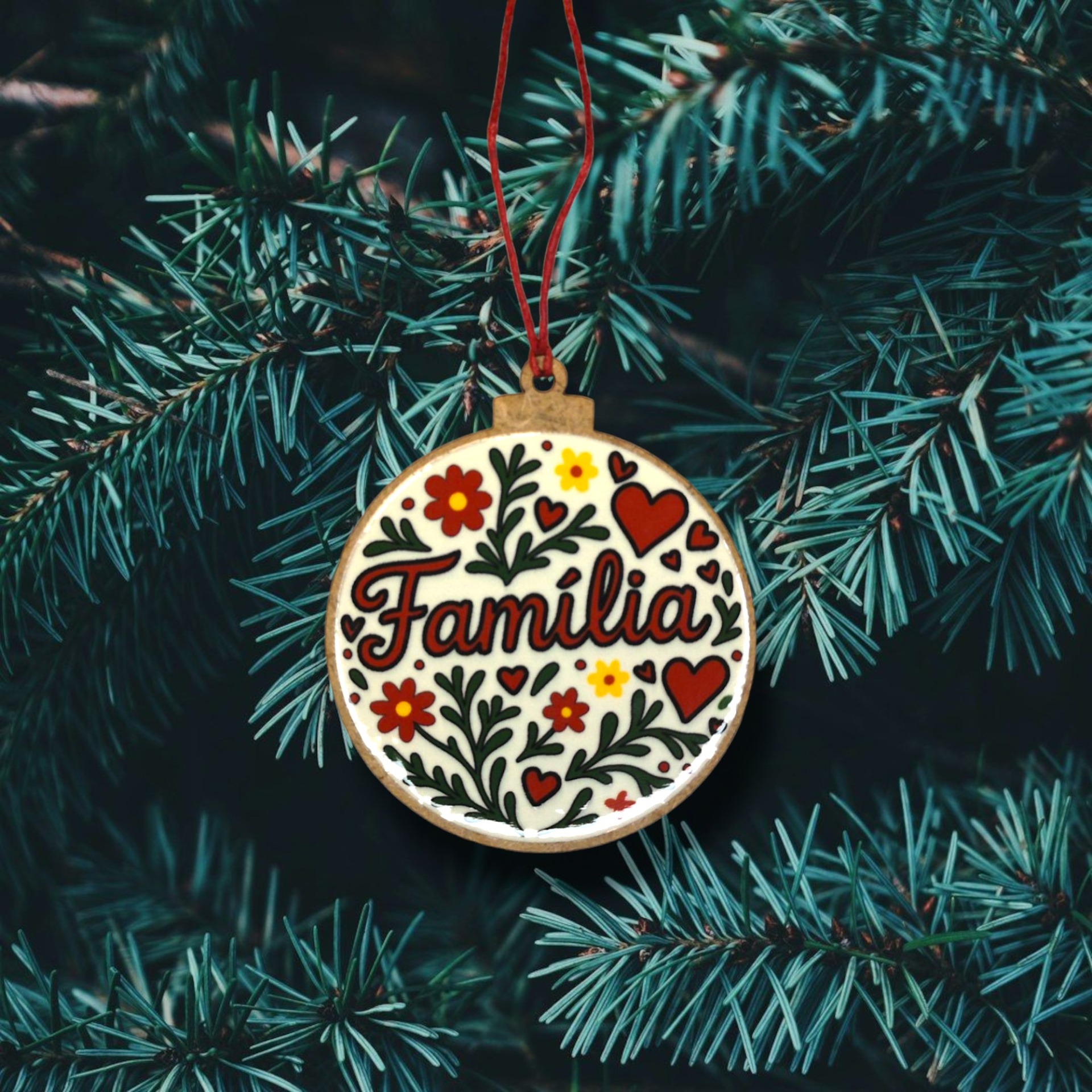 Bola de Natal "Família" Enfeite de Natal redondo com a palavra 'Família' pendurado num galho de árvore de Natal