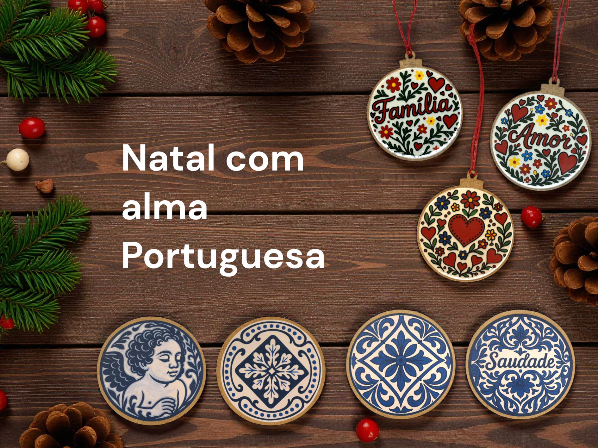 Natal com Alma Portuguesa: Inspira-te com a nossa nova coleção Ornamentos de Natal em madeira com padrões florais e palavras Família, Amor, Saudade