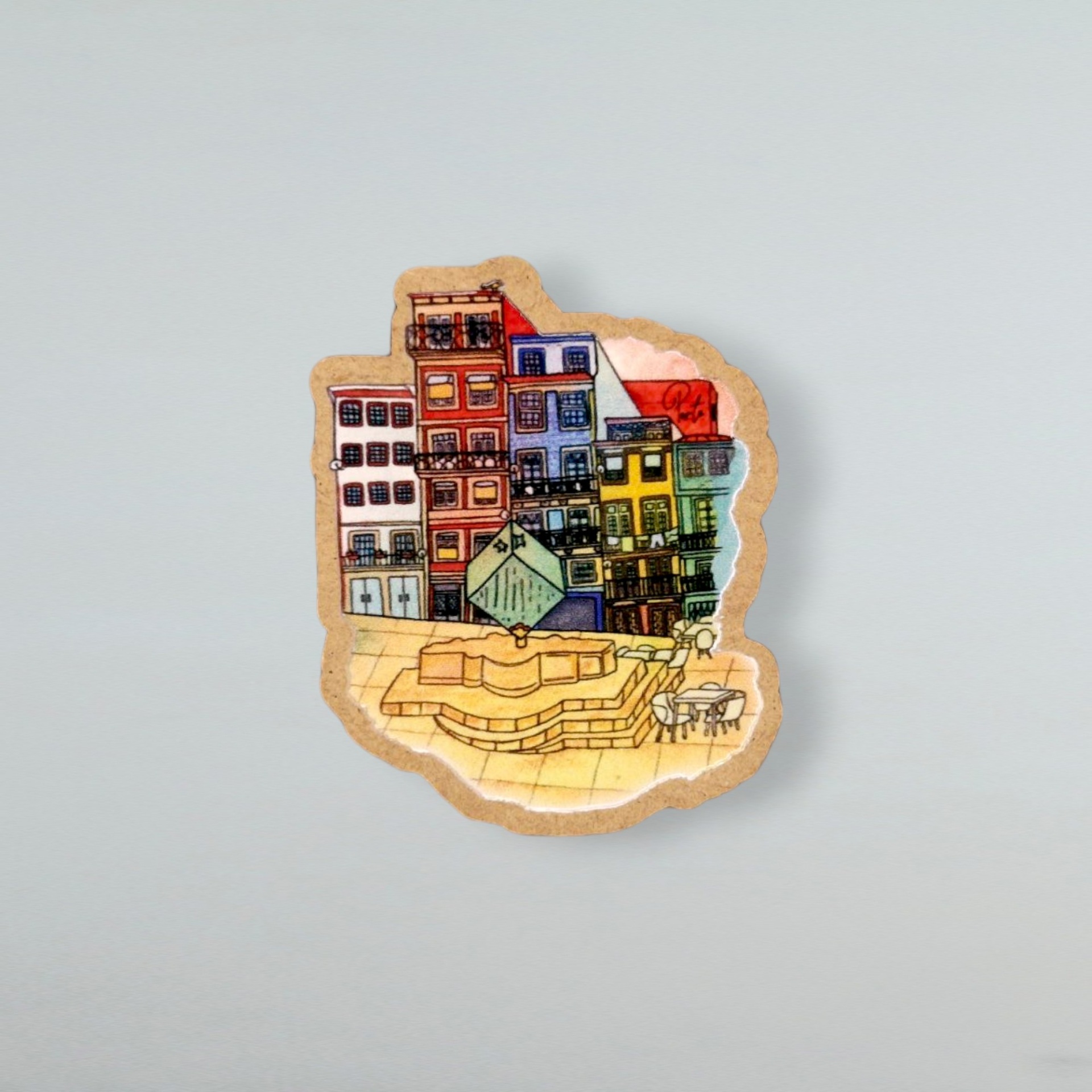 Magnético Cubo Íman de cortiça com ilustração de edifícios coloridos e praça ao ar livre