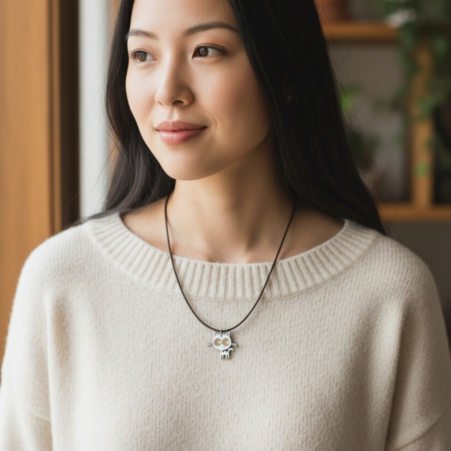 Colar Sr. Gato Colar com pendente de gato prateado em cordão preto usado por mulher com camisola creme