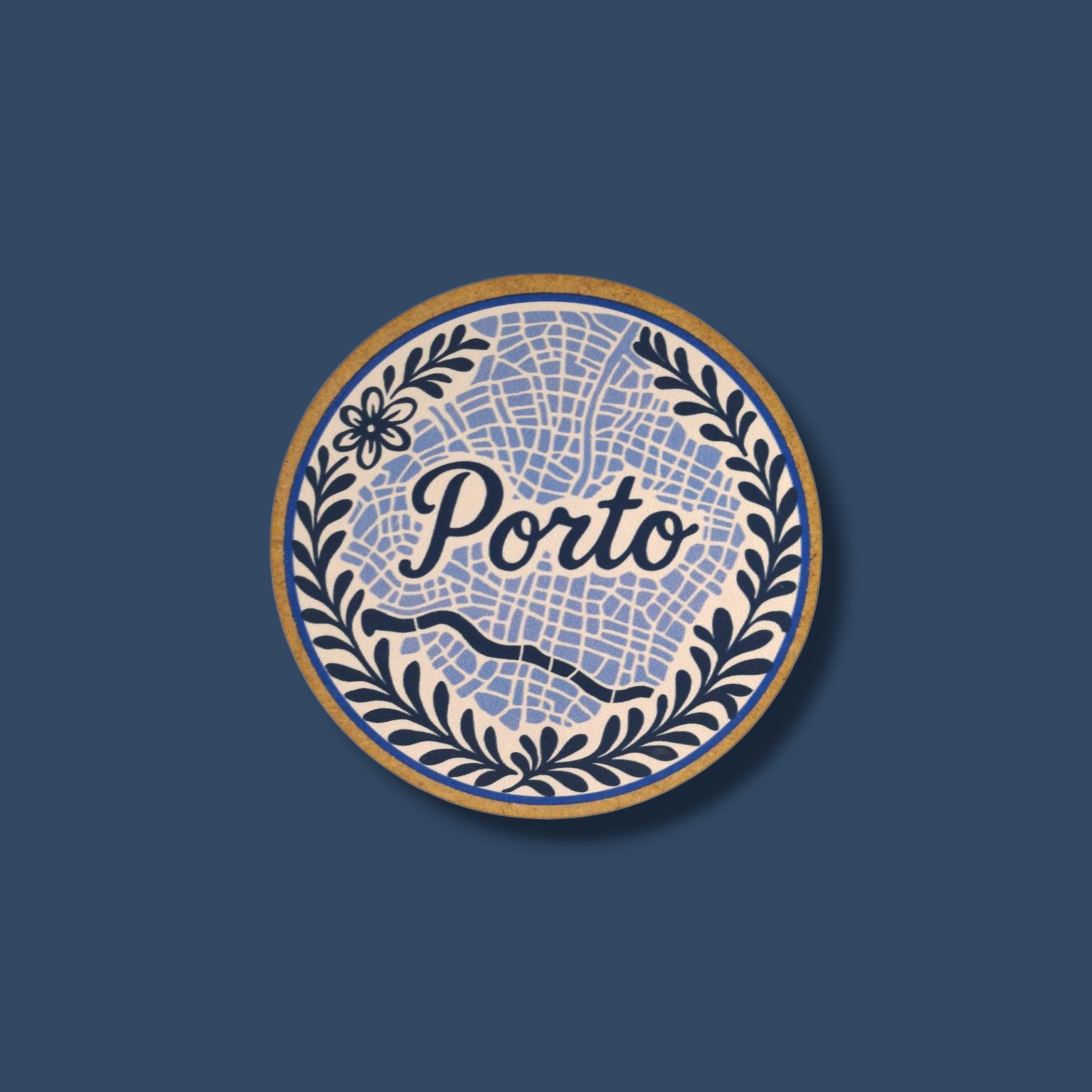 Base de Copos Azulejos Íman redondo decorativo com padrão de mapa azul claro e a palavra 'Porto'