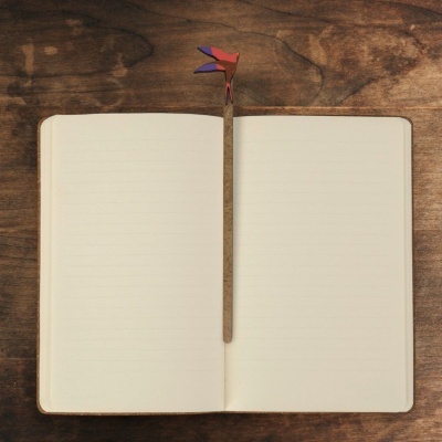 Caderno aberto com marcador de páginas colorido em forma de pássaro sobre mesa de madeira