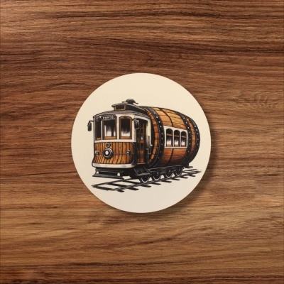 Prato redondo branco com ilustração de um bonde de madeira