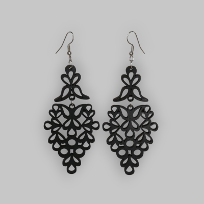 Brincos pretos pendentes com padrão floral sobre fundo cinza