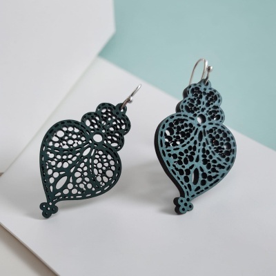 Brincos rendados em forma de coração azul esverdeado com fecho prateado sobre fundo branco e azul claro