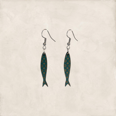 Brincos pendentes forma peixe azul com padrão dourado