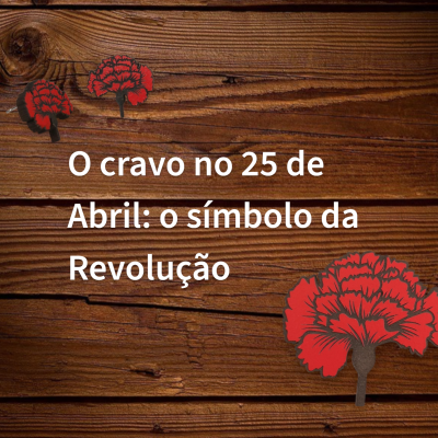 Três cravos vermelhos decorativos sobre fundo de madeira com texto sobre revolução