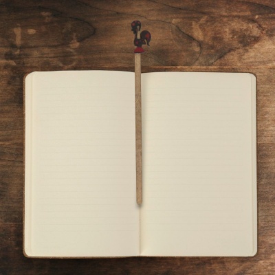 Caderno aberto com páginas pautadas e lápis com figura de galinha numa mesa de madeira escura.