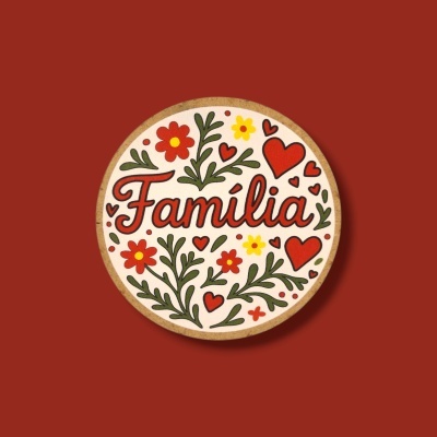 Prato decorativo redondo com palavra 'Família' e flores coloridas