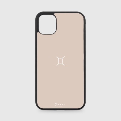 Capa de telemóvel bege com bordas pretas e símbolo branco minimalista