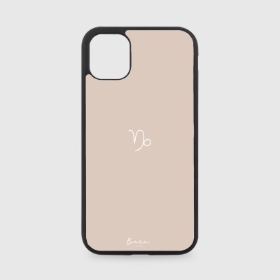 Capa de telemóvel bege com bordas pretas e símbolo branco no centro.