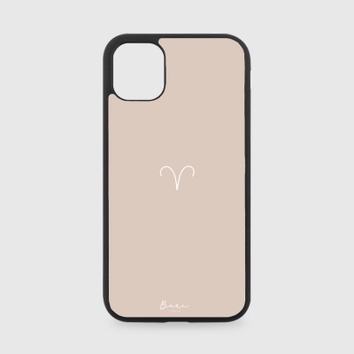 Capa para smartphone bege com símbolo branco do signo de áries e texto Búscia