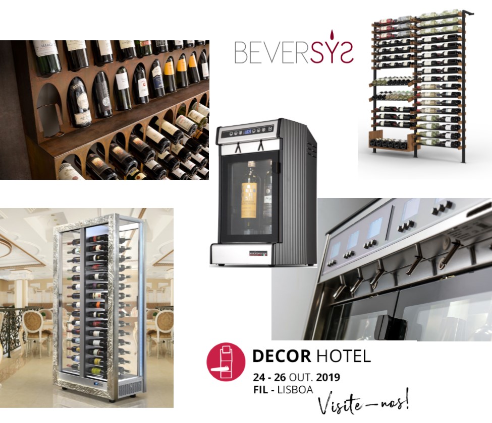 Colagem de imagens de adegas e expositores de vinho para hotelaria.