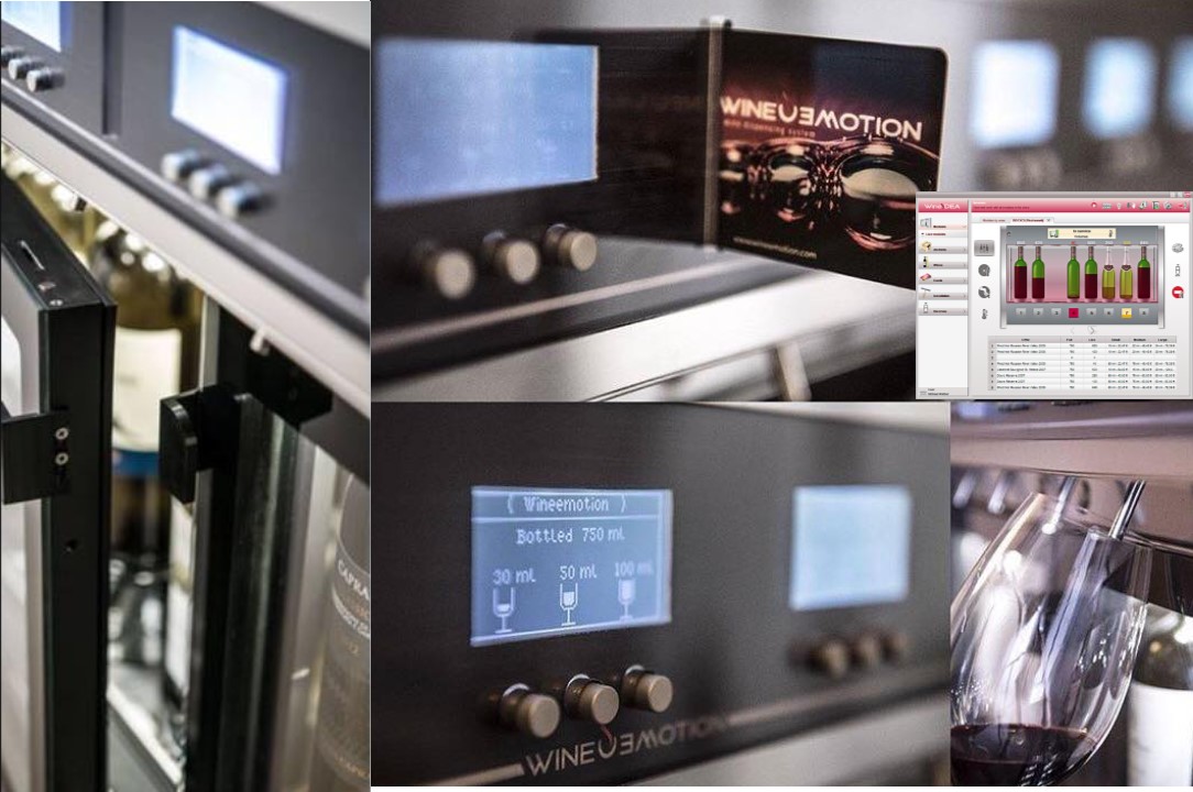 Eletrodoméstico de inox para vinhos com ecrã digital azul e taça de vinho