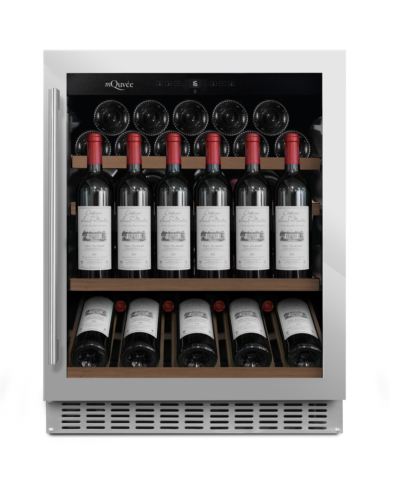 WineCave 60S Frigorífico de vinho cinza com garrafas de vinho tinto e rótulos brancos