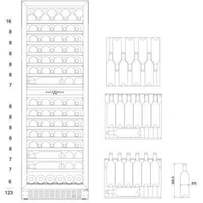 Desenho técnico de armário refrigerado para garrafas com dimensões numeradas