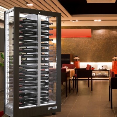 Expositor de garrafas de vinho em estrutura preta e vidro numa sala moderna