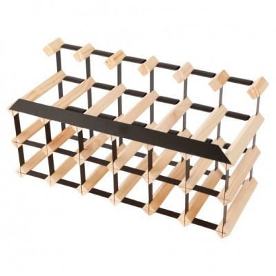 Armazenamento para garrafas com estrutura metálica preta e suportes de madeira