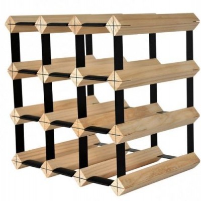 Estante em madeira clara e pretos metálicos para 16 garrafas de vinho