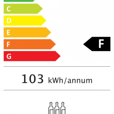 Etiqueta energética da União Europeia para aparelho com consumo 103 kWh, classe F, capacidade 45 garrafas, ruído 36 dB