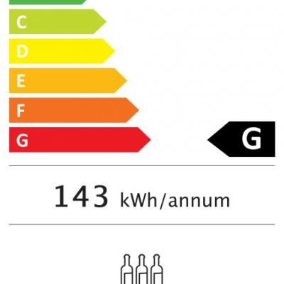Etiqueta energética UE para mQuvee WKD49-V2 consumo 143 kWh, classe G, 49 garrafas, 35 dB