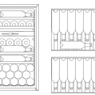 Desenho técnico de armário com garrafas e dimensões