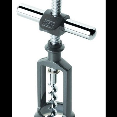 Saca-rolhas metálico com acabamento cinzento e pega cromada