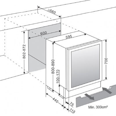 Esquema técnico de frigorífico de encastre com medidas detalhadas