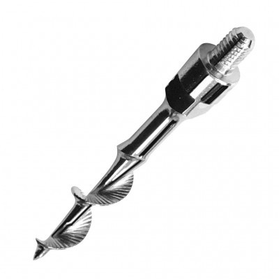 Parafuso metálico prateado com formato espiralado e rosca