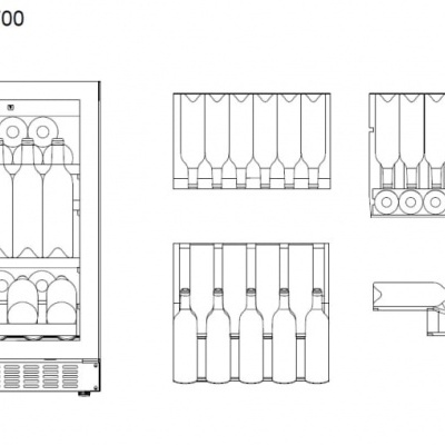 Desenho técnico do frigorífico para vinhos modelo WCS60PSS-700 com dimensões e garrafas