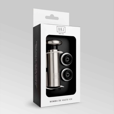 Conjunto bomba de vácuo para vinho com duas rolhas na caixa BBJ