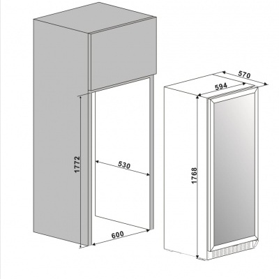 Desenho técnico de armário embutido com medidas em milímetros