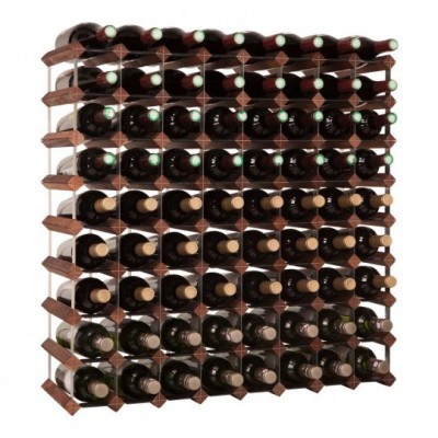 Estante de vinho de madeira com várias garrafas horizontais