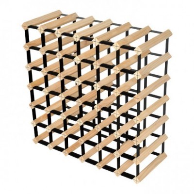 Estrutura de armazenamento tipo grelha em madeira clara e suportes pretos