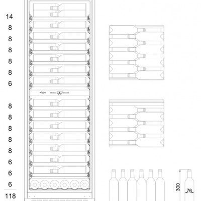 Desenho técnico de armário para armazenamento de garrafas com prateleiras e medidas.