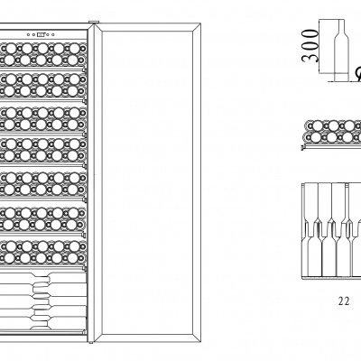 Desenho técnico de adega vertical com prateleiras para garrafas e dimensões específicas.