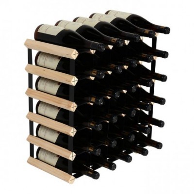 Suporte de vinho metal preto e madeira com garrafas