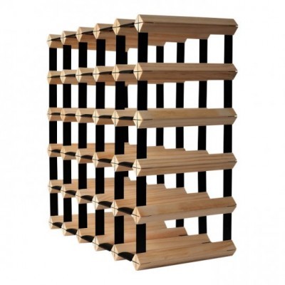 Estante de madeira clara para 40 garrafas com suporte em pilares pretos