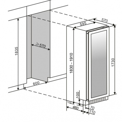 Diagrama técnico de frigorífico para vinho com dimensões e porta com vidro