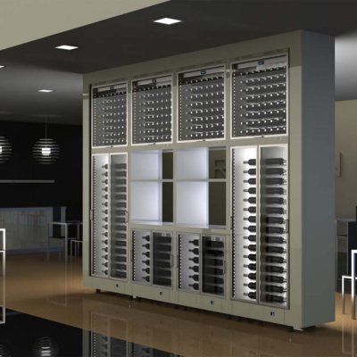 Armário de armazenamento de vinhos moderno em metal branco com portas de vidro e luzes interiores