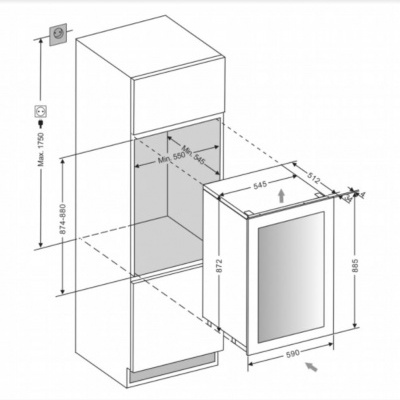 Desenho técnico de nicho de armário para eletrodoméstico embutido com medidas e tomada elétrica