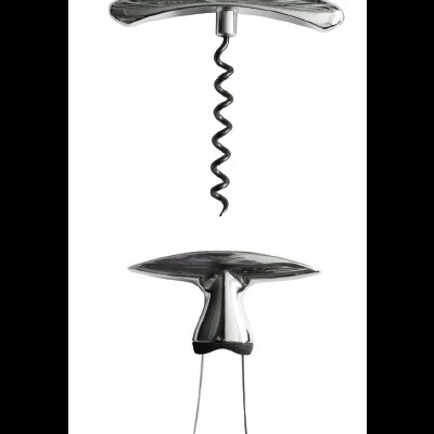 Saca-rolhas metálico prateado com suporte de dois braços finos