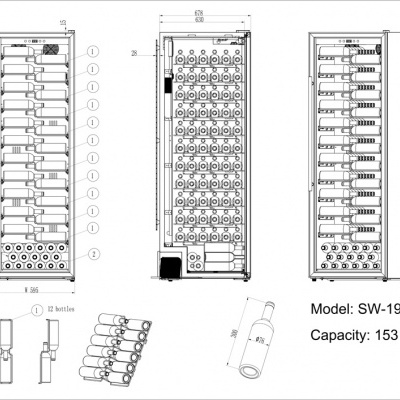 Desenho técnico detalhado de armário refrigerador para vinhos modelo SW-192BL com capacidade para 153 garrafas
