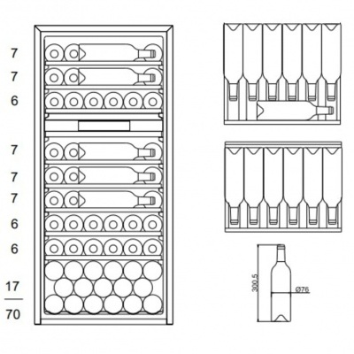 Desenho técnico de armário de vinho com divisórias para garrafas e medidas