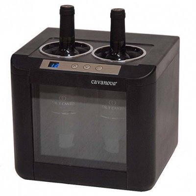 Armazém de vinho preto Cavanova com duas garrafas e painel digital