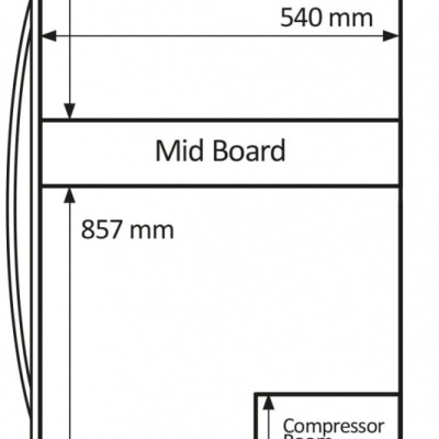 Diagrama com dimensões internas e etiquetas Mid Board e Compressor Room
