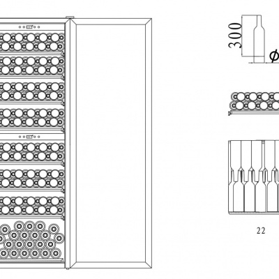 Desenho técnico de adega de vinho com prateleiras e garrafas